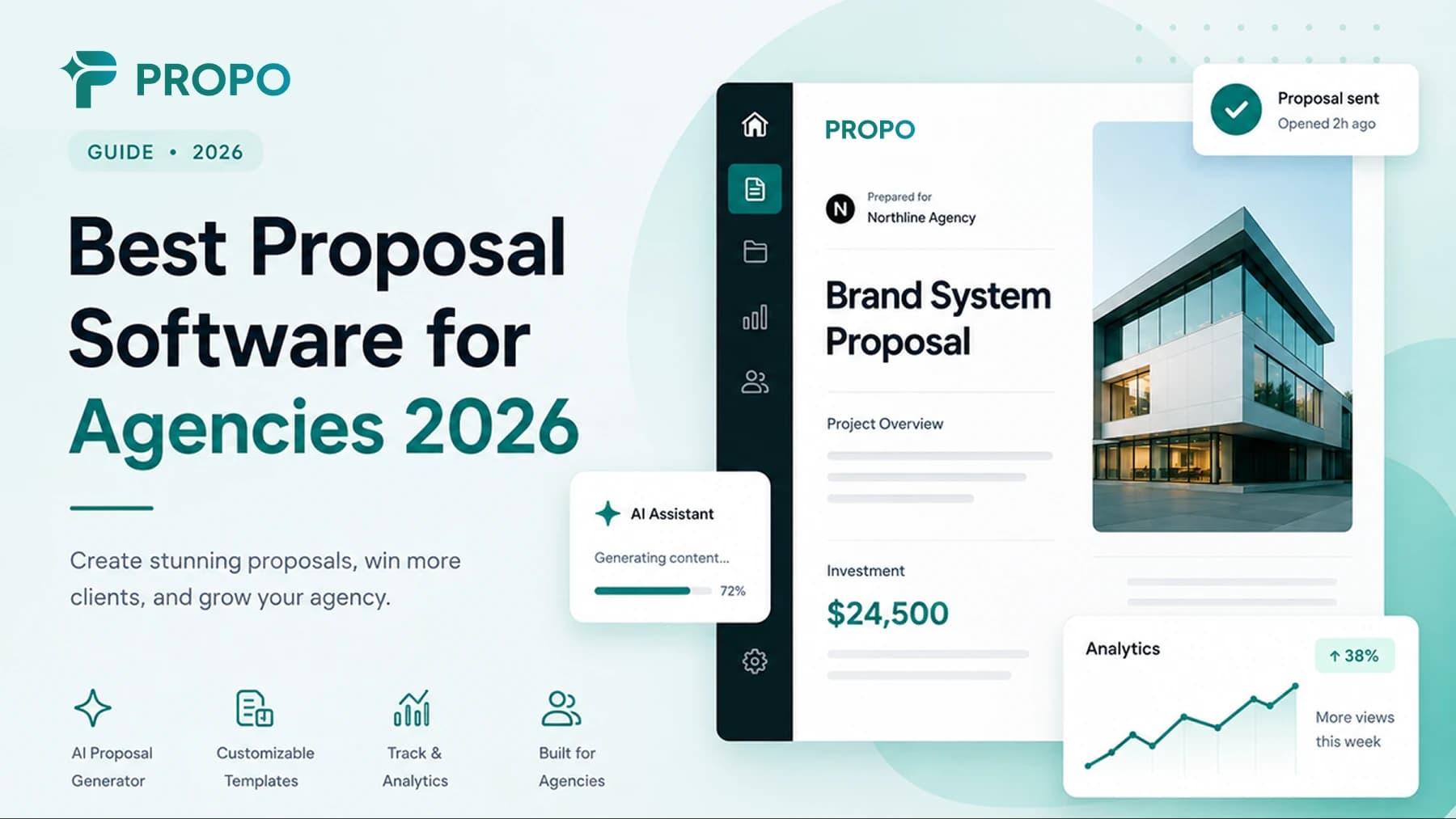 Title card reading “Best Proposal Software for Agencies in 2026” beside a Propo editor mockup showing a Digital Solutions proposal, with badges for creating proposals, impressing clients, and tracking results.