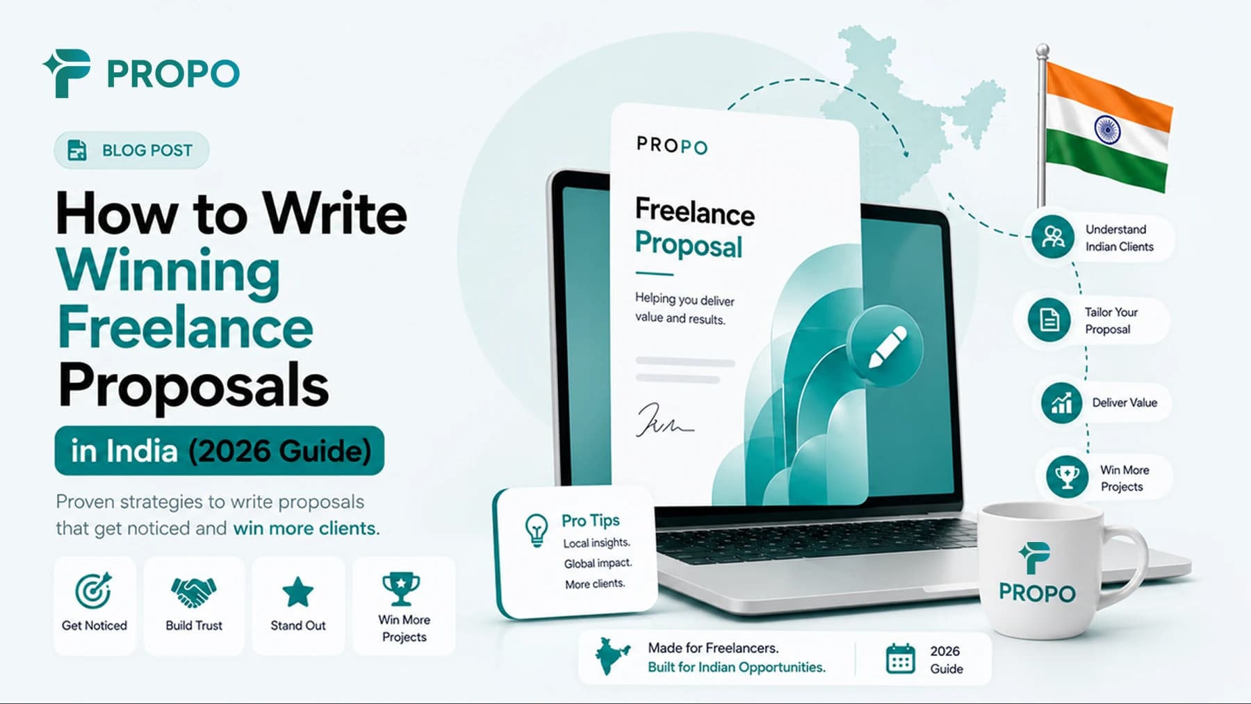 Title card reading “How to Write Winning Freelance Proposals in India” alongside Propo branding and proposal artwork.