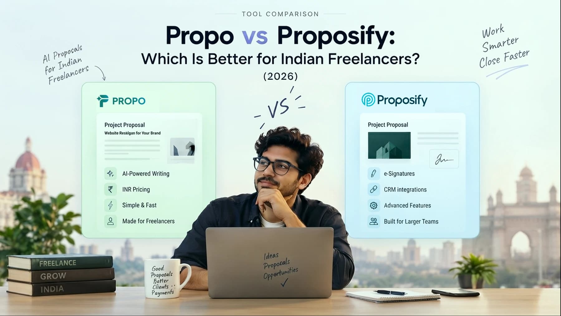 Title card reading 'Propo vs Proposify: Which Is Better for Indian Freelancers?' with Propo branding.