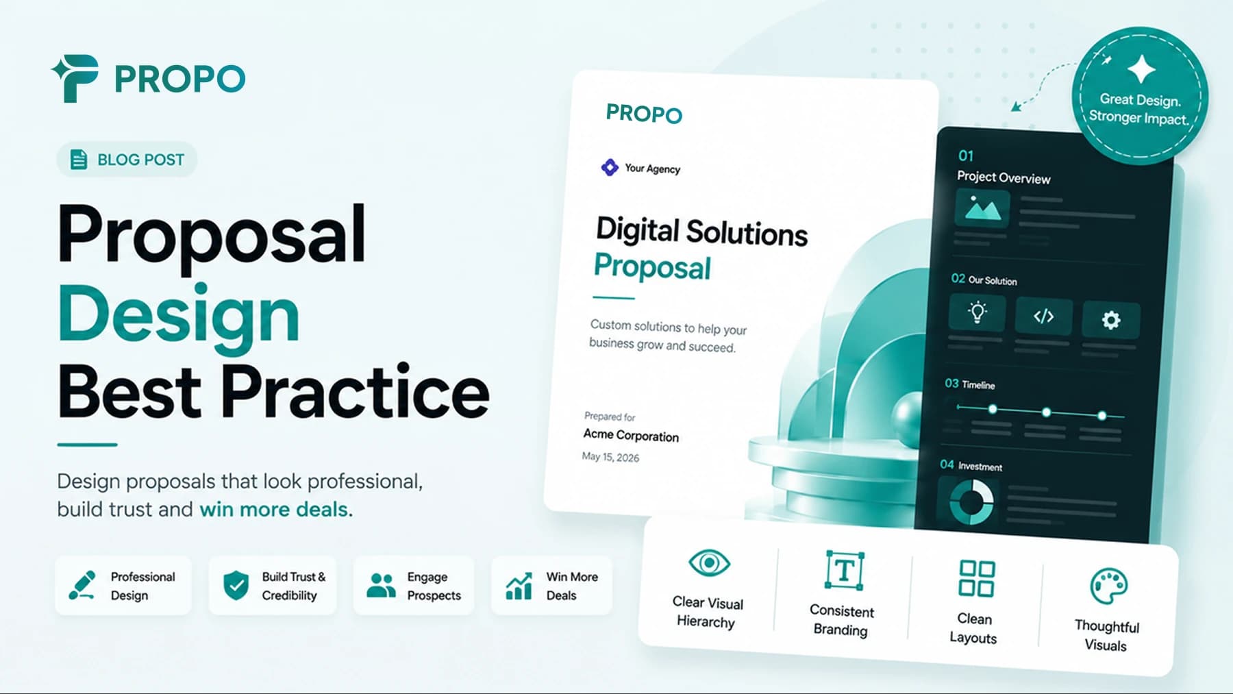 Title card reading “Proposal Design Best Practices That Actually Win Clients” alongside Propo branding and proposal artwork.