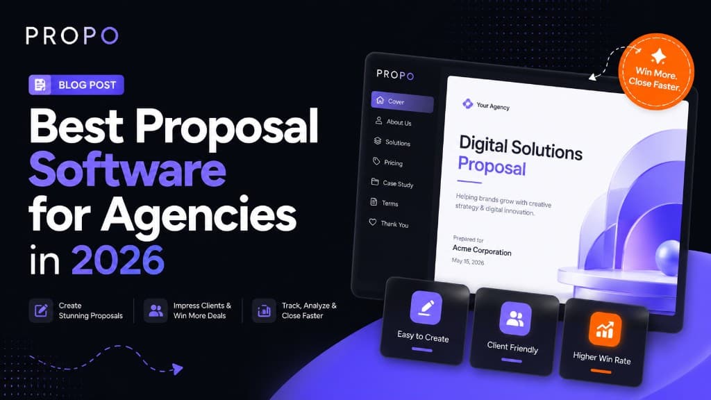 Title card reading “Best Proposal Software for Agencies in 2026” beside a Propo editor mockup showing a Digital Solutions proposal, with badges for creating proposals, impressing clients, and tracking results.