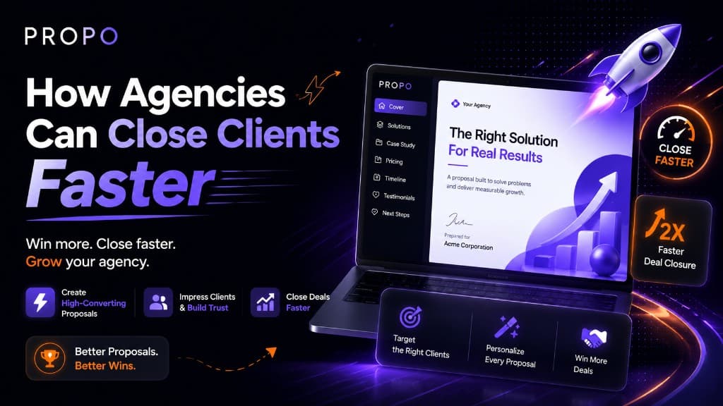Title card reading “How Agencies Can Close Clients Faster” alongside Propo branding and proposal artwork.