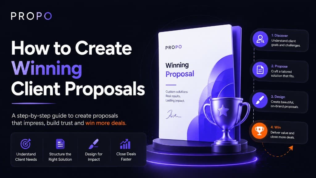 Title card reading “How To Create Winning Client Proposals” alongside Propo branding and proposal artwork.