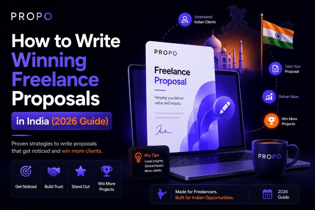 Title card reading “How to Write Winning Freelance Proposals in India” alongside Propo branding and proposal artwork.