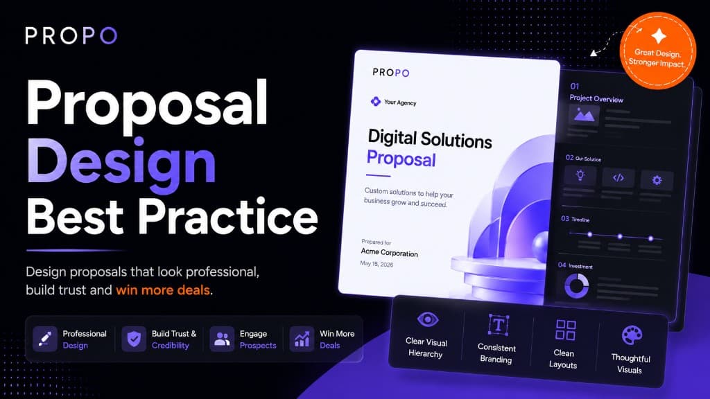 Title card reading “Proposal Design Best Practices That Actually Win Clients” alongside Propo branding and proposal artwork.