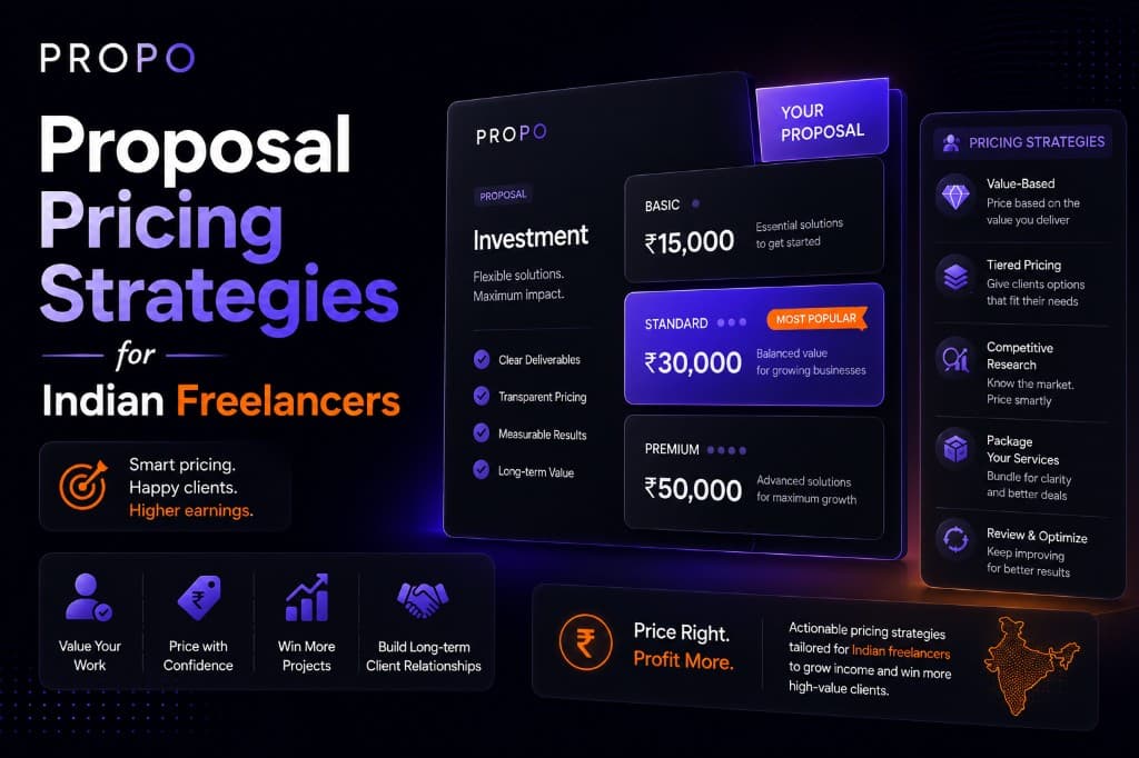 Title card reading “Proposal Pricing Strategies for Indian Freelancers” beside a Propo pricing mockup showing Basic, Standard, and Premium tiers in rupees, with a list of pricing strategies and a map of India.