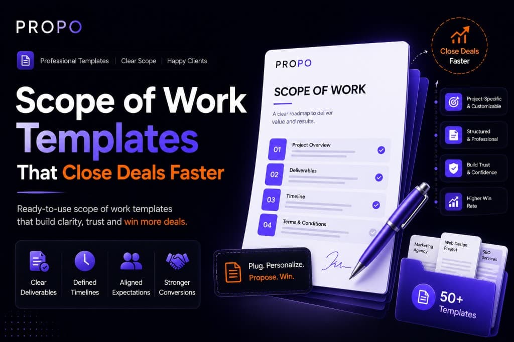 Title card reading “Scope of Work Templates That Close Deals Faster” alongside Propo branding and proposal artwork.