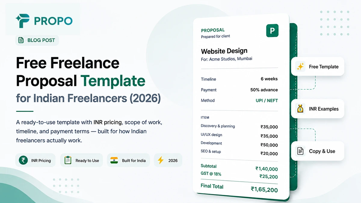 Title card reading 'Free Freelance Proposal Template for Indian Freelancers' alongside Propo branding and a sample proposal layout with INR pricing.